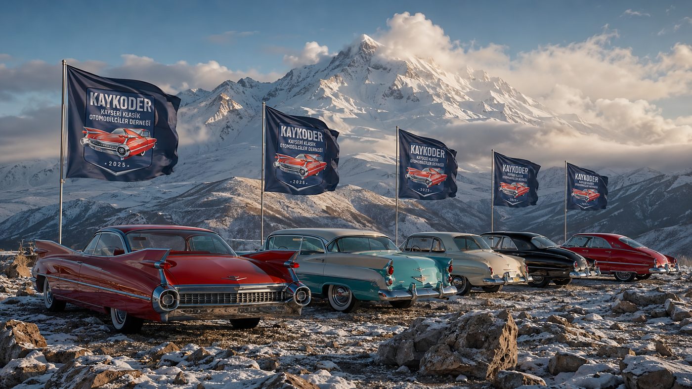 KAYKODER bayrakları ve klasik otomobiller, Erciyes Dağı manzarası